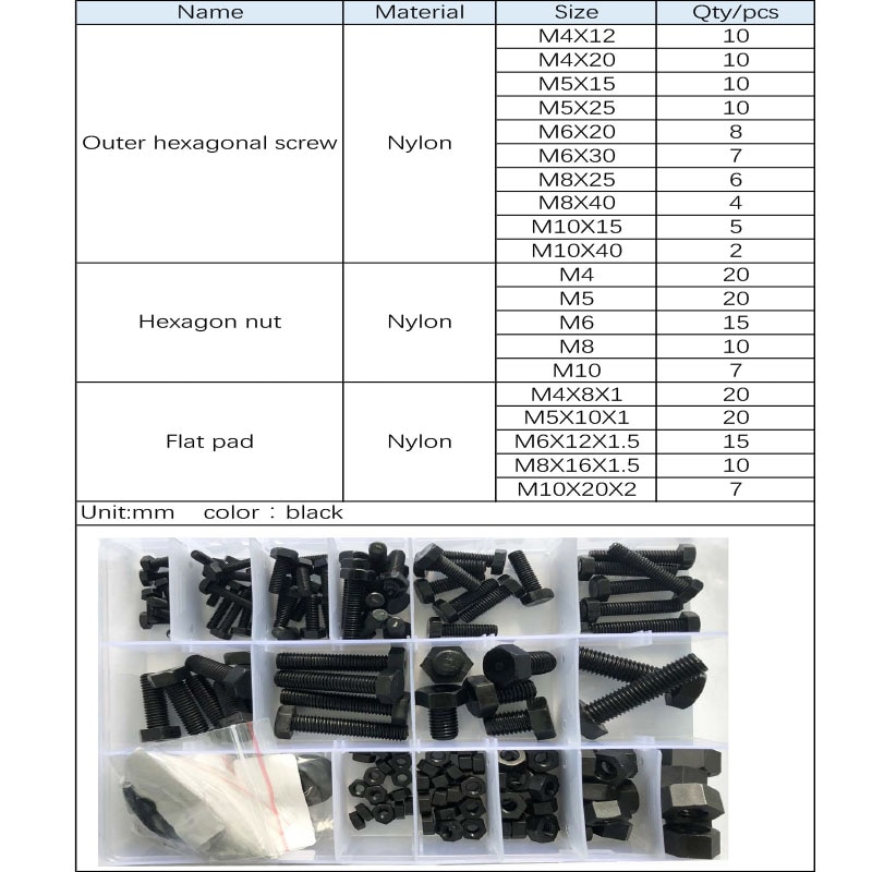 Black Nylon Hex Bolt External Hexagon Machine Screw Nut Washer Assortment Kit M4 M5 M6 M8 M10