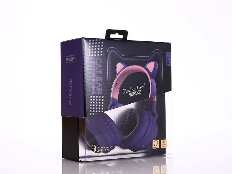 Cuffie Bluetooth a LED con orecchio di gatto cuffie carine, cuffie Bluetooth per bambini per ragazze cuffie vivavoce con luce incandescente cuffie da gioco: 028C purple box