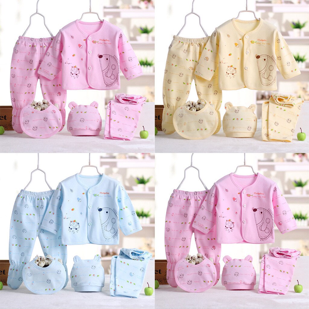 Ensemble de vêtements pour -né garçon et fille, 5 pièces, imprimé hérisson de dessin animé, haut à manches longues, pantalon, chapeau, bavoir, tenue pour enfants, pour -né