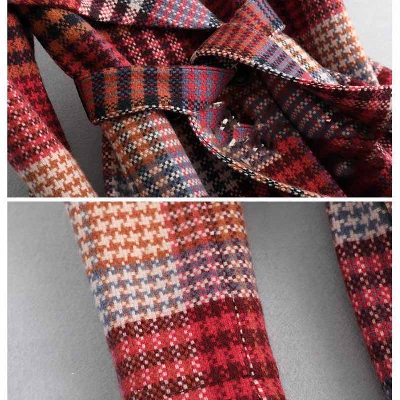 Plaid Wolle Tuch Mantel Frauen Herbst Winter Gürtel Schlank groß drehen-unten Kragen Lange Jacke lässig outwear KW338