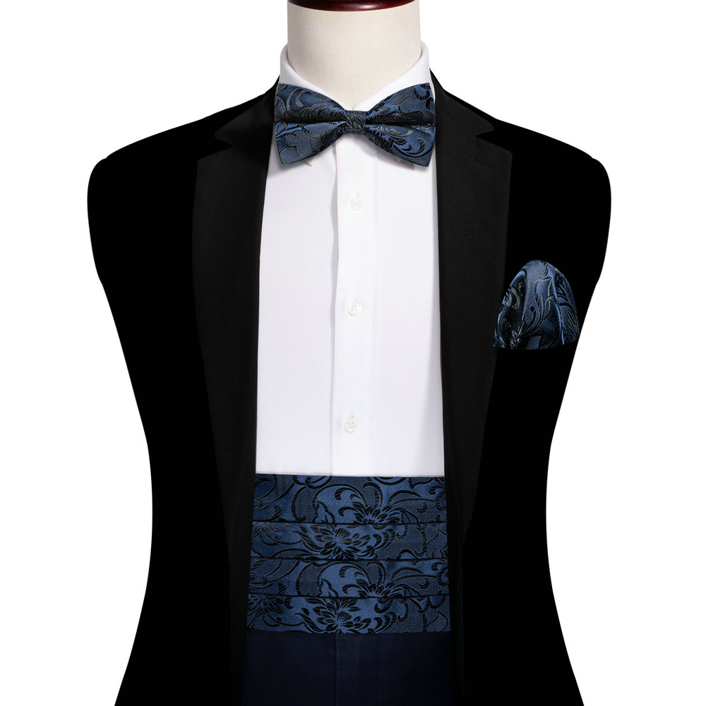 Navy Blue Cummerbund Men Silk Bowtie Pocket Square Cufflinks Sets Classic Paisley Male Accessories Wedding Party Barry.Wang 1031: Red