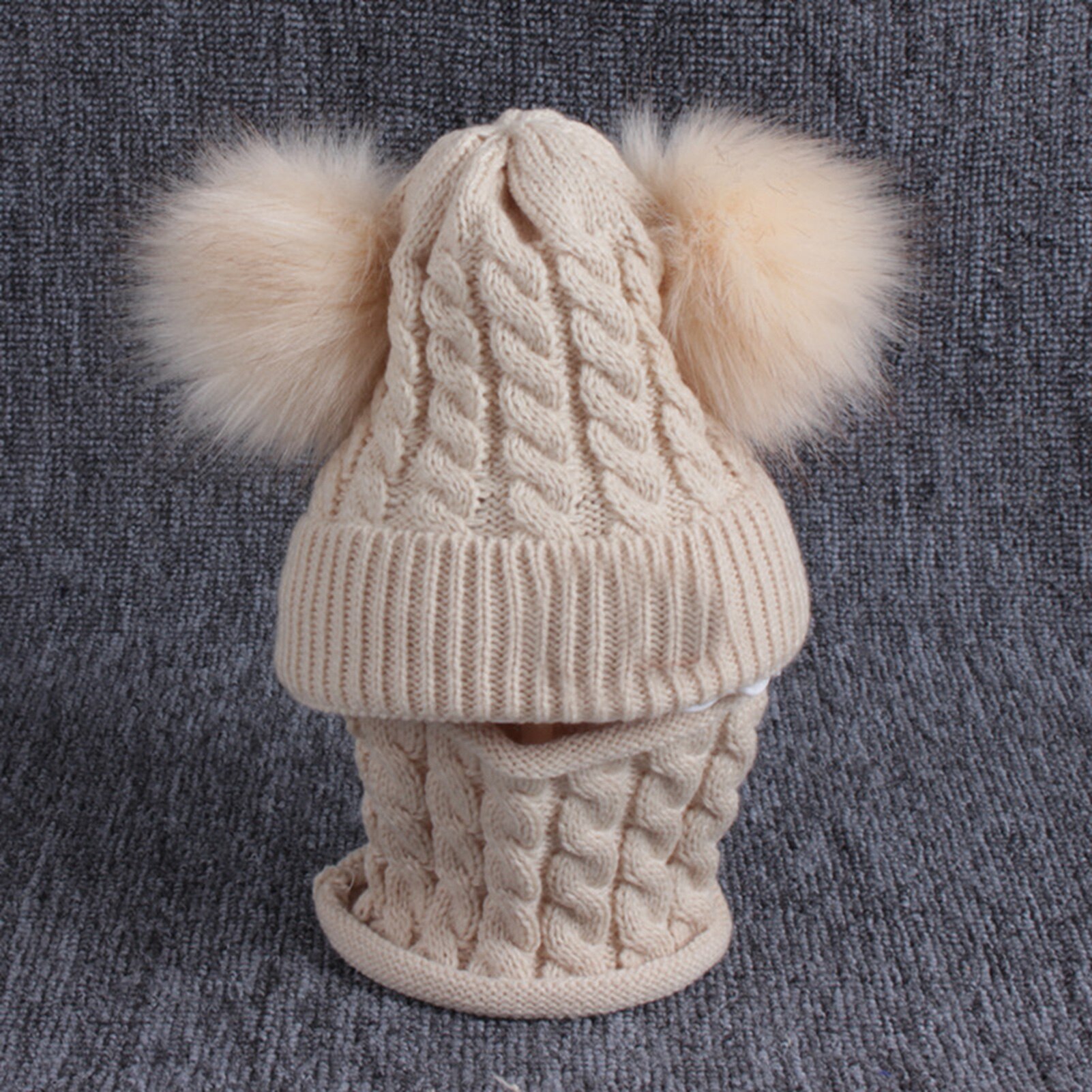 Gorros de invierno para niños, orejas para niñas, niños, gorros cálidos, gorros de invierno para bebés, gorro trenzado de doble Pompón, gorro de punto, conjunto de bufanda de cuello cálido