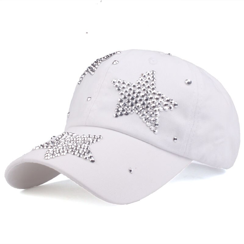 [yarbuu] mærke baseball kasketter rhinestone kasket med tre stjerner snapback casquette hat til kvinder dame ensfarvet: Hvid
