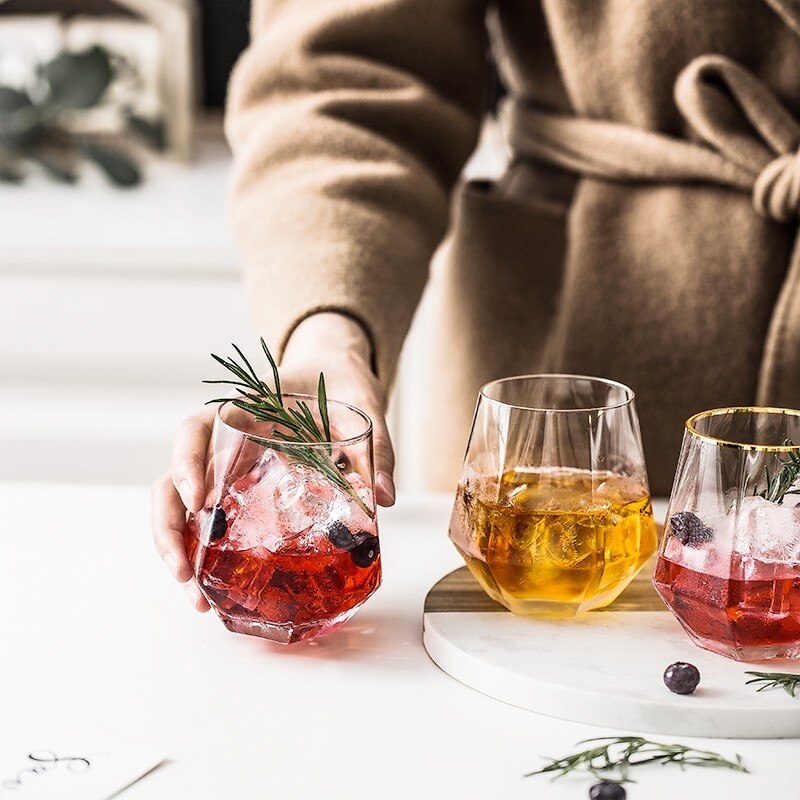 Taza de cristal con diamantes para el hogar, vaso de cristal pintado en oro con seis bordes