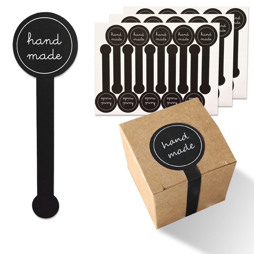 100 Stück runde Kopf-schwarze handgefertigte Waren-Etiketten, selbstklebende Aufkleber zum Backen von Kuchen, Box, DIY-Dekorationspaket