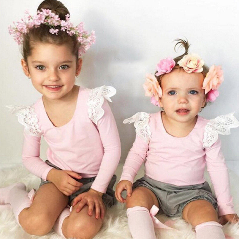 Babys Mädchen T-Shirt Spitzen Kleidung Geburtstag Spitze fliegend lang Ärmel Spitzen Outfit Bluse