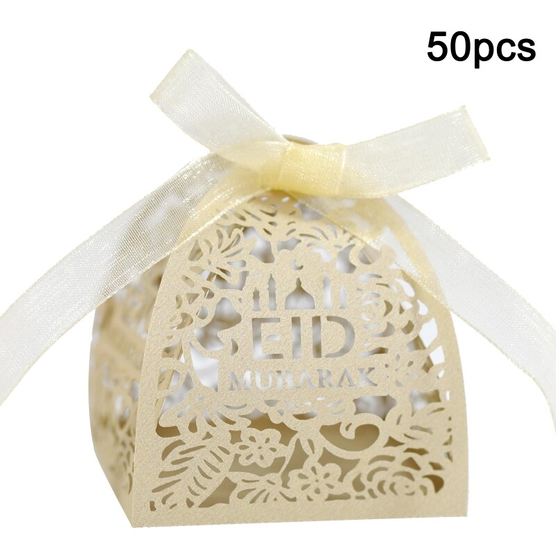50pcs Eid Mubarak Candy Box Ramadan Decoration Hollow Wedding Party Favor Chocolate Boxes with Ribbons: BGGD-2