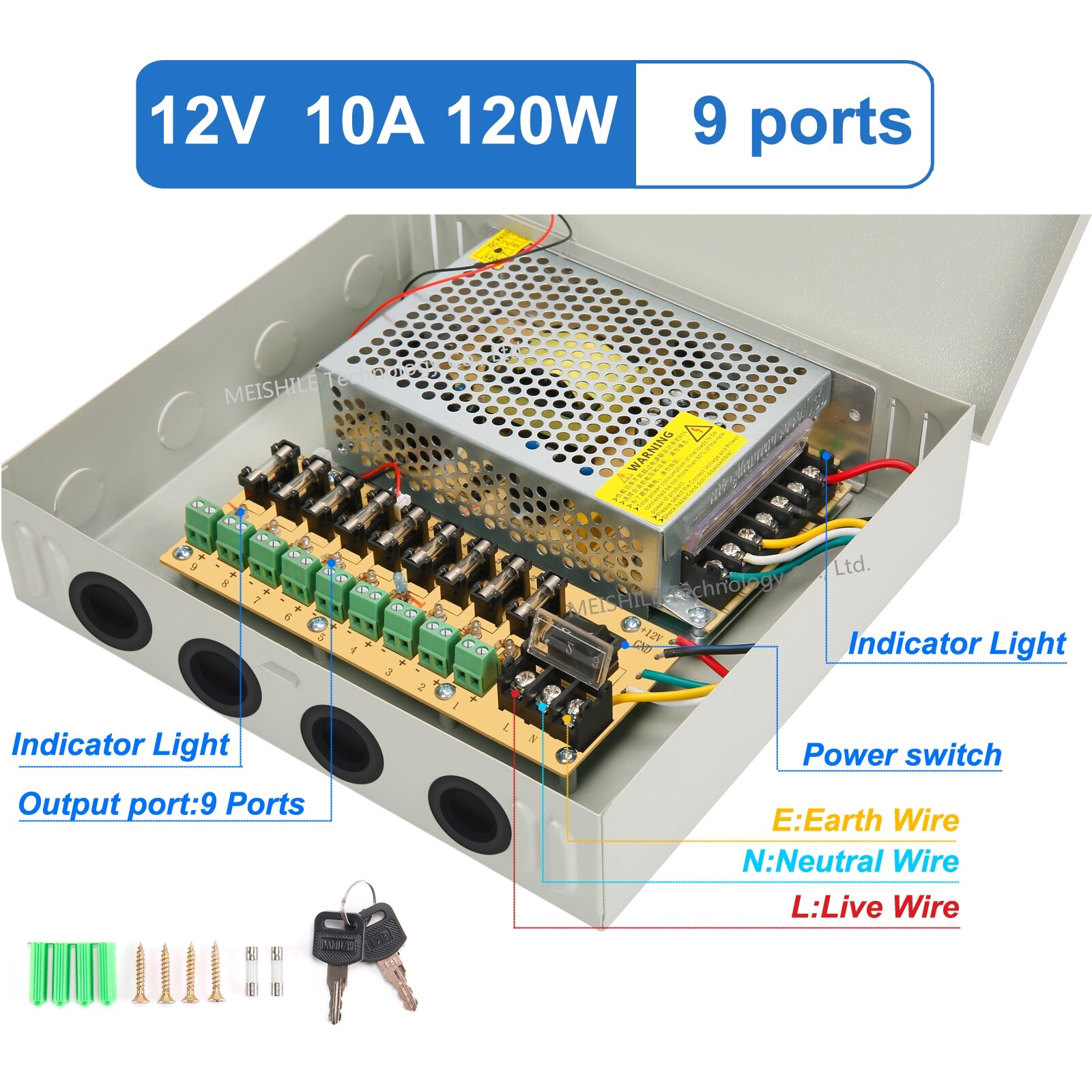 CCTV Power Supply Box, 9-Port Channel DC 12V 10A 120W Power Distribution Metal Fuse AC 110 -240V Surveillance Cameras