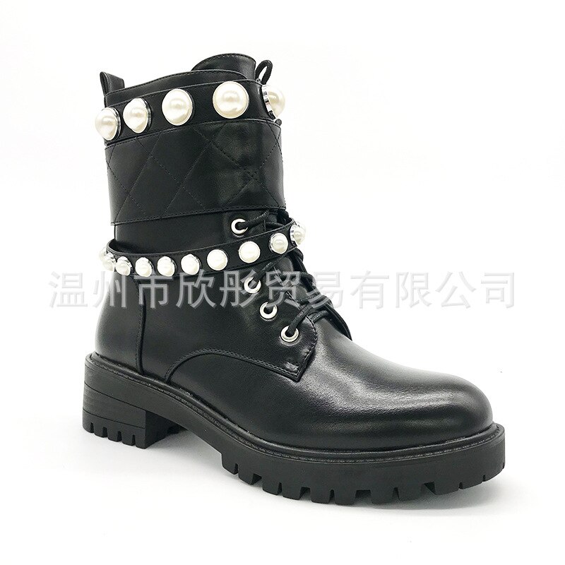 PRETO BRANCO grande taille grande perle bottes chevalier orteil ceinture boucle bottes courtes chaussures pour femmes botte GYY-NC1065