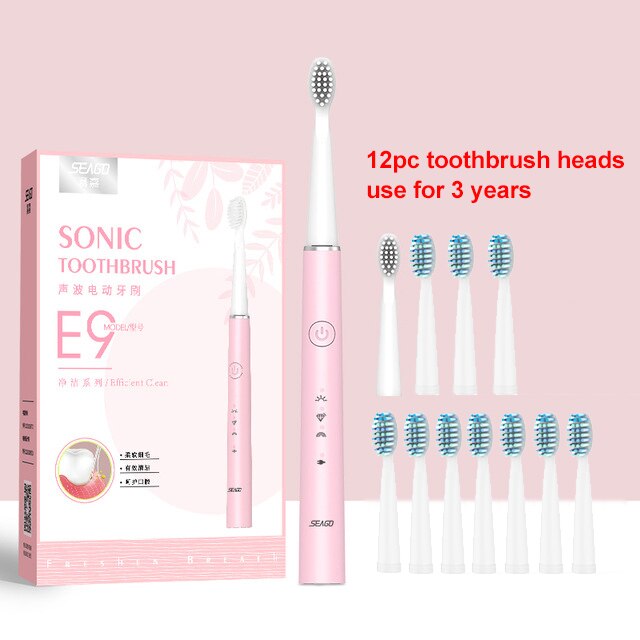 Seago Electric Toothbrush USB Rechargeable Sonic Tooth Brush for Female and Girl with 3 soft Brush heads box: Pink with 12pc head