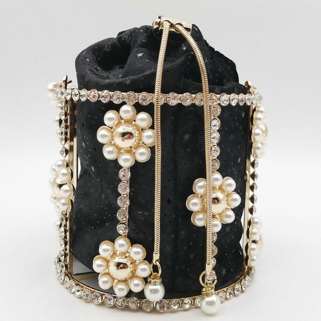 Boutique de fgg pearl tophåndtag kvinder spænde håndtasker blomster aftentasker dame metal clutches kæde skulder crossbody taske: Sort