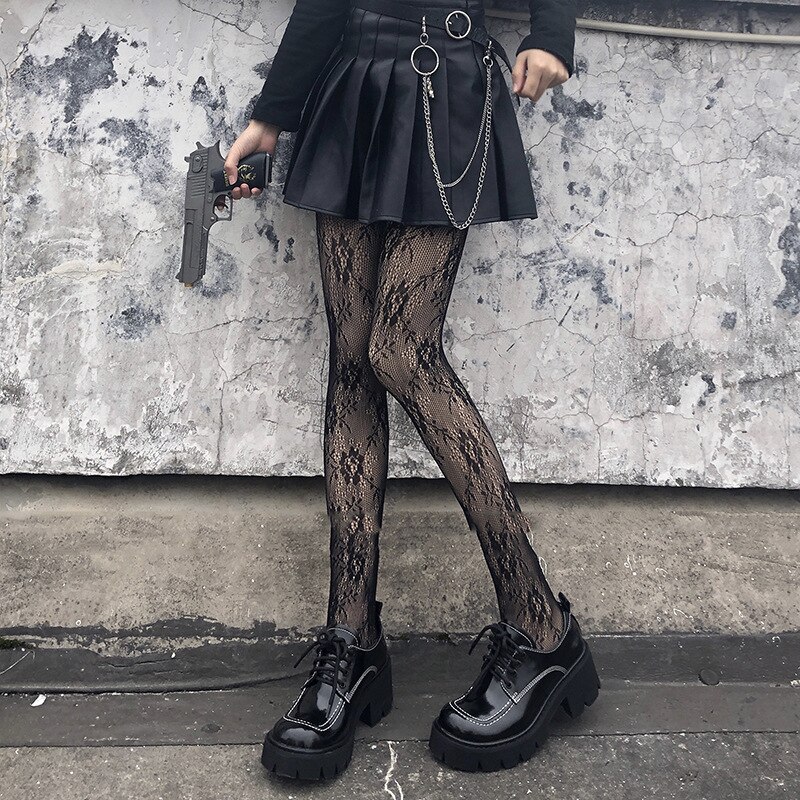 Collant gothique japonais en dentelle, bas en résille, noir, rétro, Rose, fleur, vigne, pantalon, amour, bas G, pour femmes