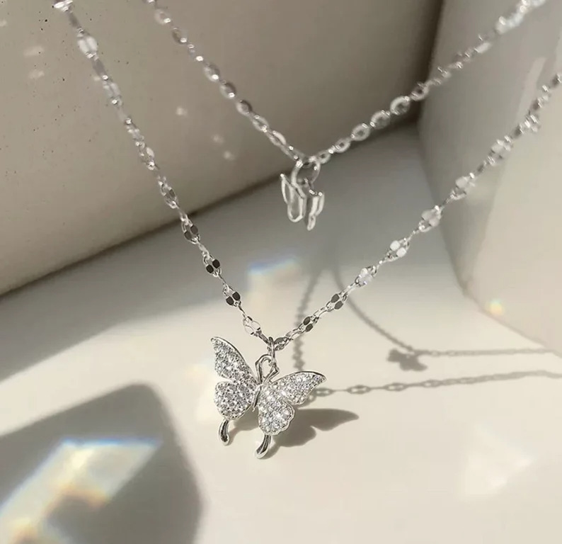 Y2K Crystal Butterfly Pendant Necklace Women Light Luxury Egirl Punk Heart Grunge Clavicle Chain Jewelry Party: ROSE GOLD COLOR