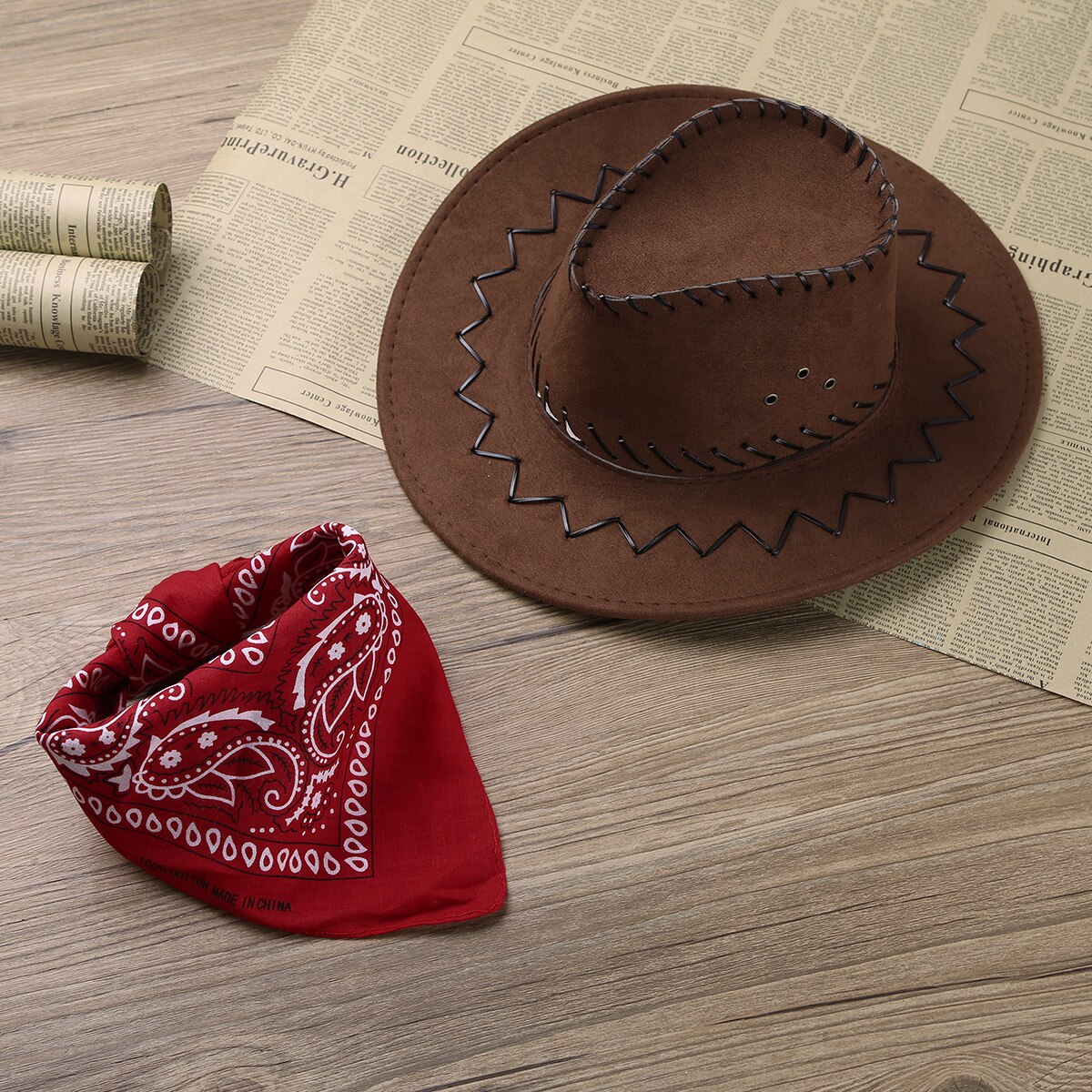Kid Girls Wild West Cowboy Set Pink Head Scarf Felt Cowboy Cap Hat with Adjustment Buckle for Kids Carnival Fancy Party Costumes: Red Coffee