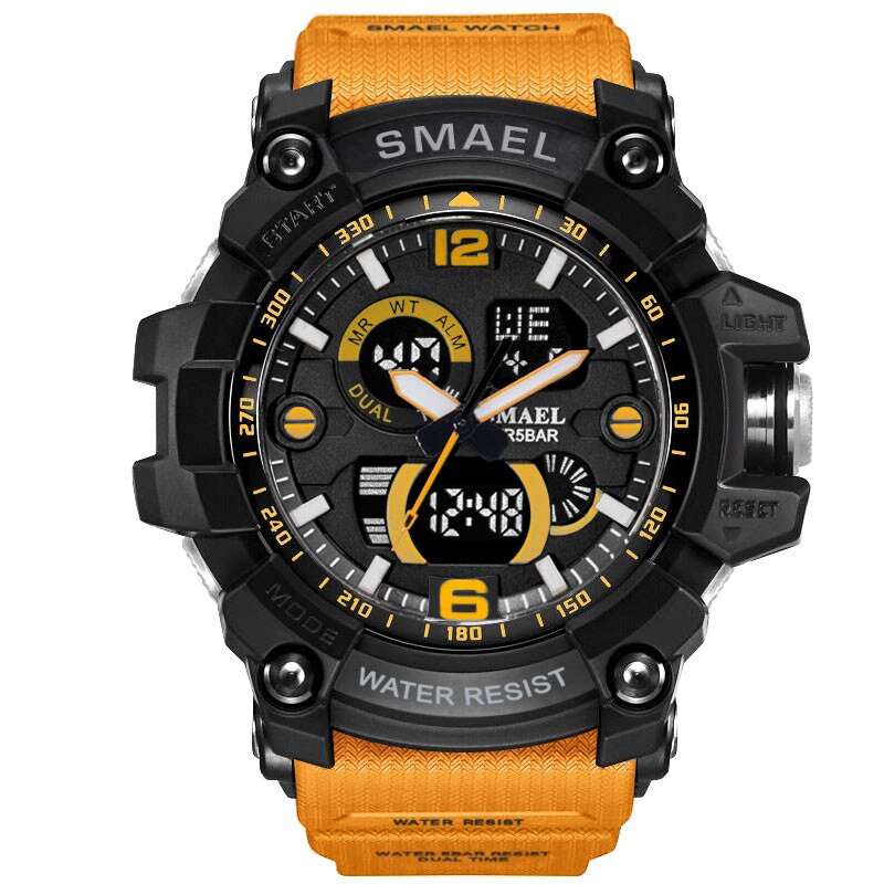 SMAEL Luxe Dual Display Horloges Mannen Sport multifunctionele Waterdichte LED Elektronische Digitale Horloge Alarm Week Datum Relogio: Orange 