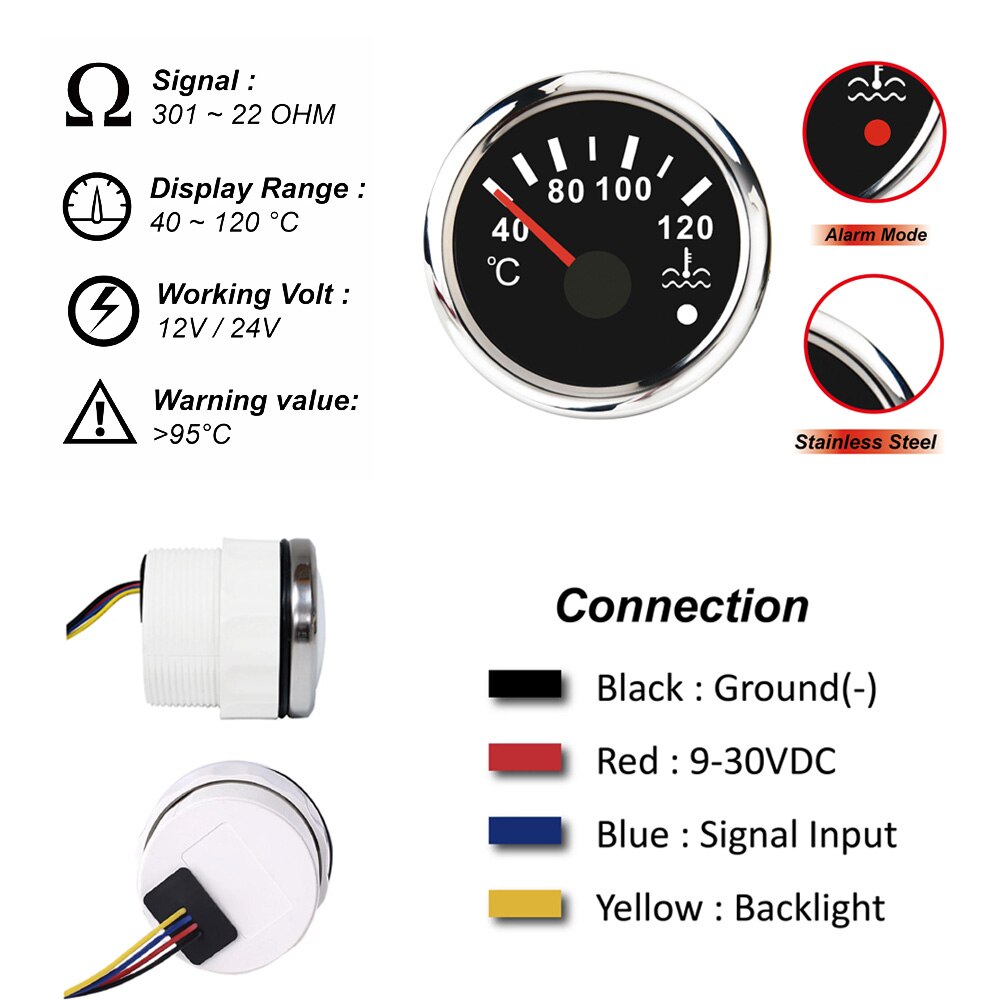 40-120 ℃ Water Temp Gauge Temperatuur Sensor Auto Vrachtwagen Boot Moto Meter Voertuig Indicator Met Rode Backlight