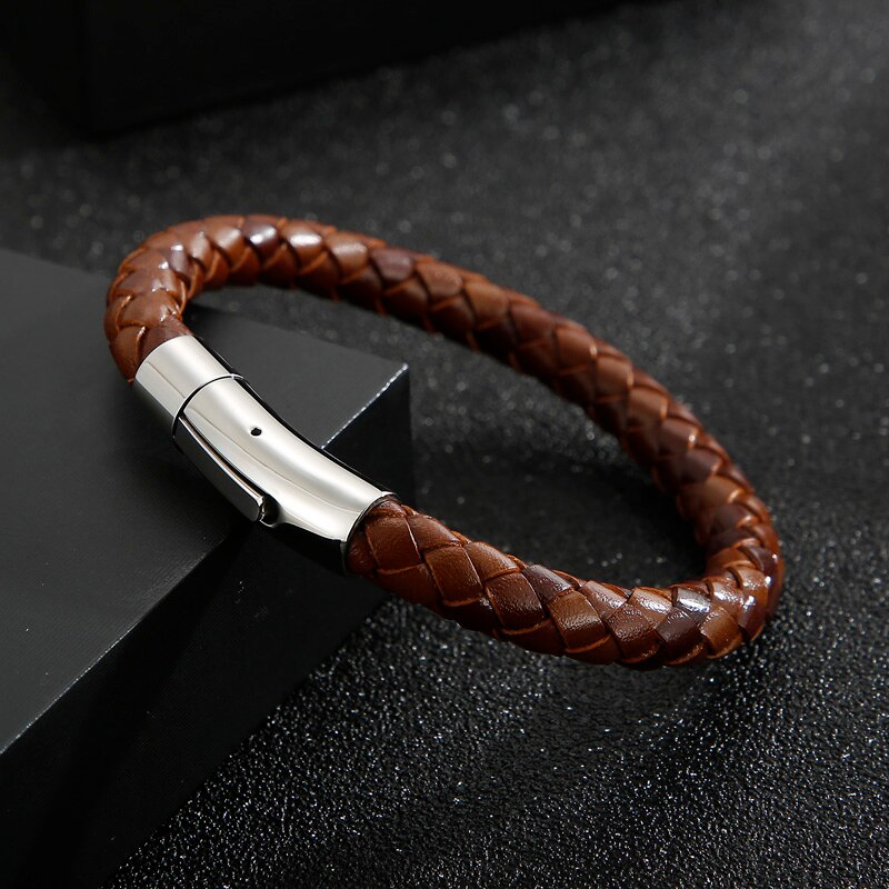 Handgemaakte Sieraden Heren Rvs Sluiting Bruin Blauwe Kleur 8Mm Lederen Koord Gevlochten Armband 215Mm