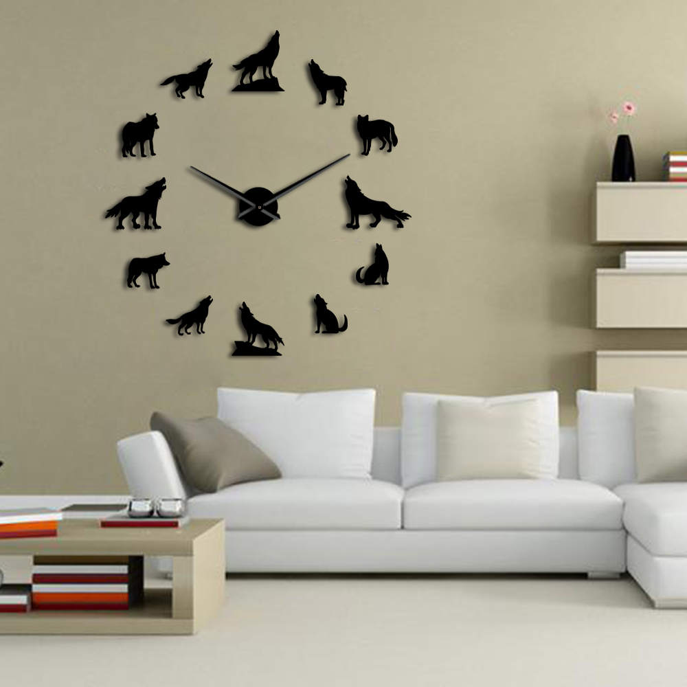 Howling Wolf 3D DIY Large Wall Clock Different Wolf Pose Frameless Wall Watch Clock Modern Home Decor Wolf Admirers