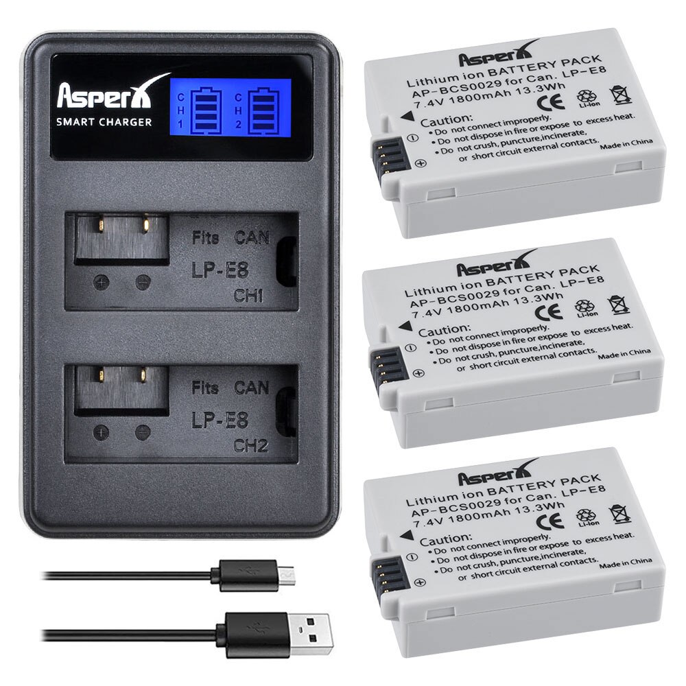 4Pcs 1800mAH LP-E8 LPE8 LP E8 Battery Batterie AKKU + LCD Dual Charger for Canon EOS X4 X5 X6i X7i T2i T3i 550D 600D 650D 700D: 3B with Charger