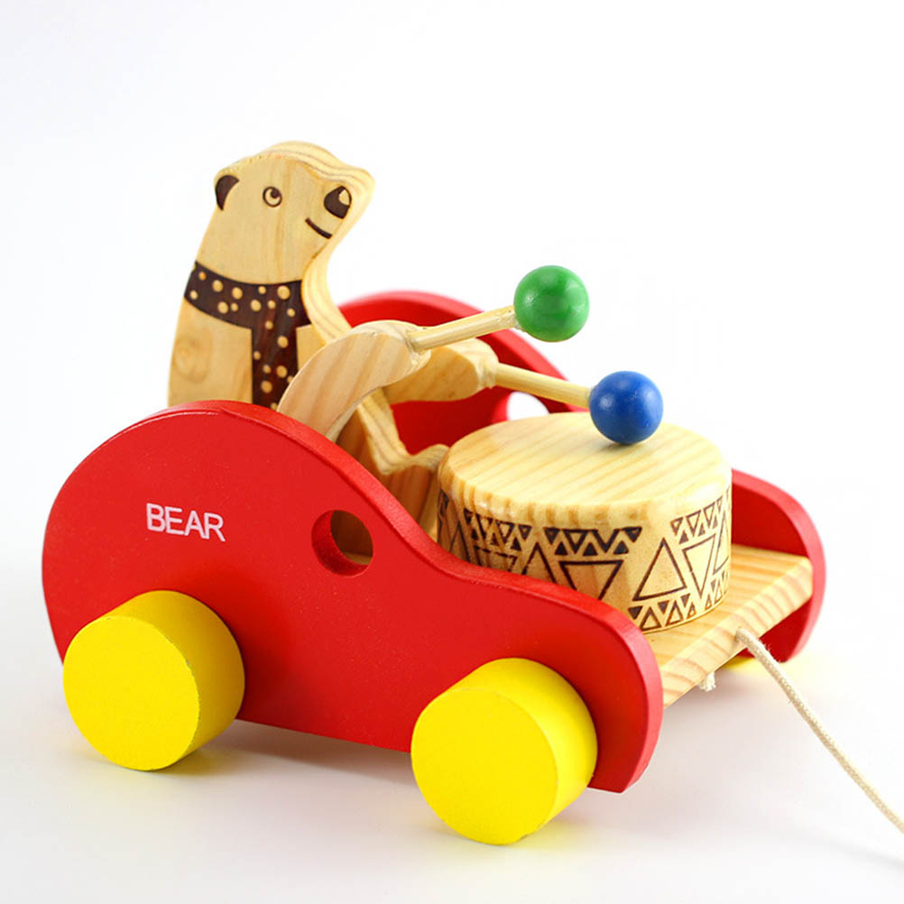 Enfants en bois dessin animé ours tambours traînant remorque pour la marche formation bébé marche le long jouet en bois remorquable jouet voiture Railer modèles