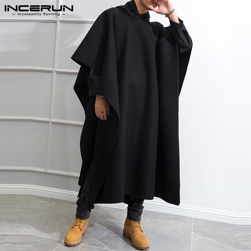 Stylish Men Cloak Coats Hooded Cape Solid Loose 2022 Streetwear Punk Style Windproof Men Long Trench Chic Winter Poncho INCERUN
