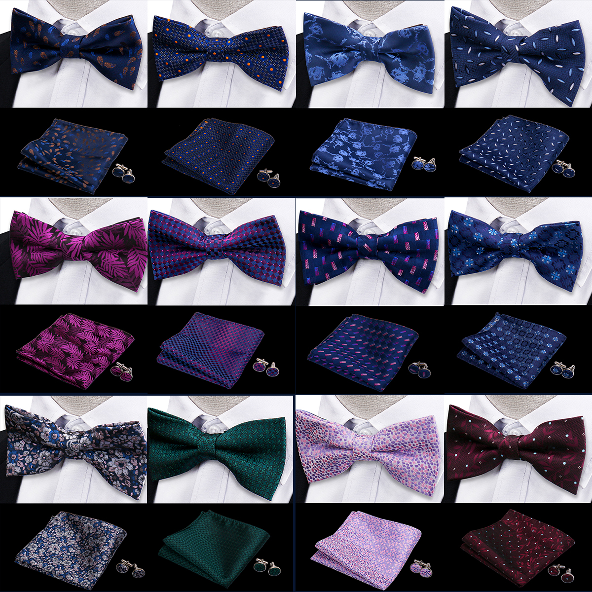 Conjunto de 3 piezas de pajarita, pañuelo, gemelos, conjunto para camisas de hombre, ajuste de negocios, boda, mariposa, Paisley, bolsillo, pajarita cuadrada para hombre