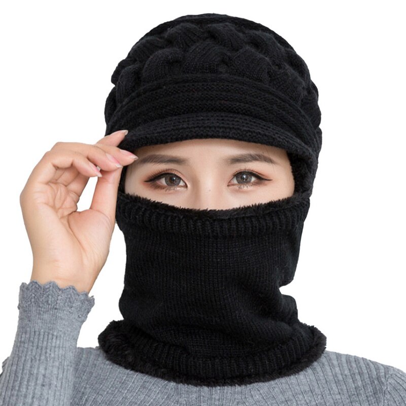 Damer vinter varm uldhue kvindelig varm strikket uldhue med tyk hagesmæk og høreværn hat støvtætte cykelhatte: Sort