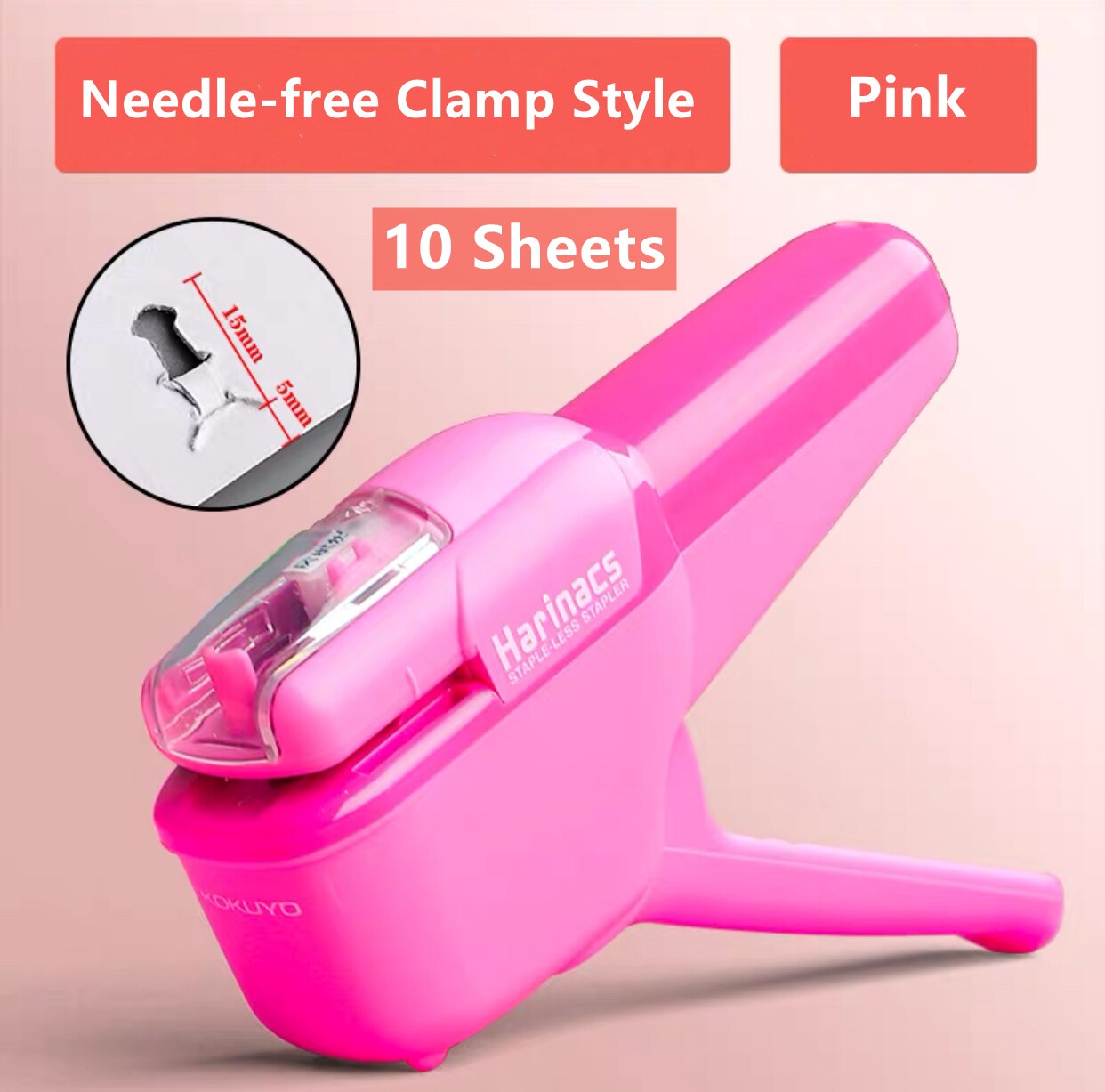 KOKUYO Stapleless Stapler Free Stapler Book Paper Mini Portable No Staples School Office Supplies For 5 Sheets or 10 Sheets: Clamp Style-Pink