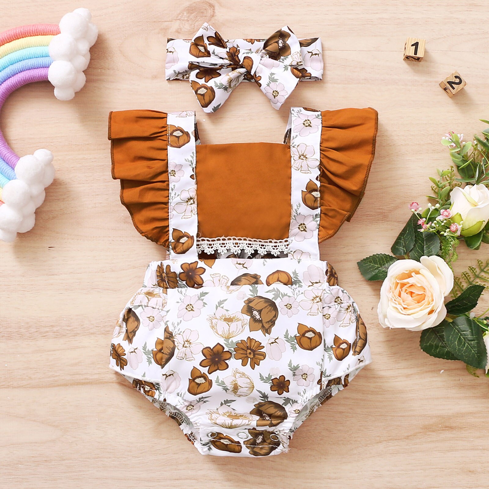 Vêtements pour bébés filles, -né, body à volants, imprimé Floral, vêtements pour enfants, combinaison mignonne, ensembles tête,