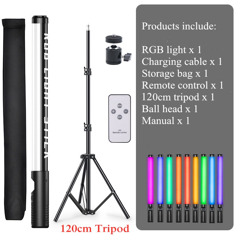 Bâton d'éclairage pour photographie, rvb, baguette portable, Rechargeable par USB, 3000-6000K, fête à domicile, remplissage de lumières, Flash LED: light-120cm tripod