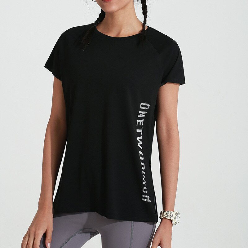 Nuovi abiti sportivi da allenamento larghi da donna T-shirt ad asciugatura rapida abbigliamento da Yoga sottile manica corta: Black / L
