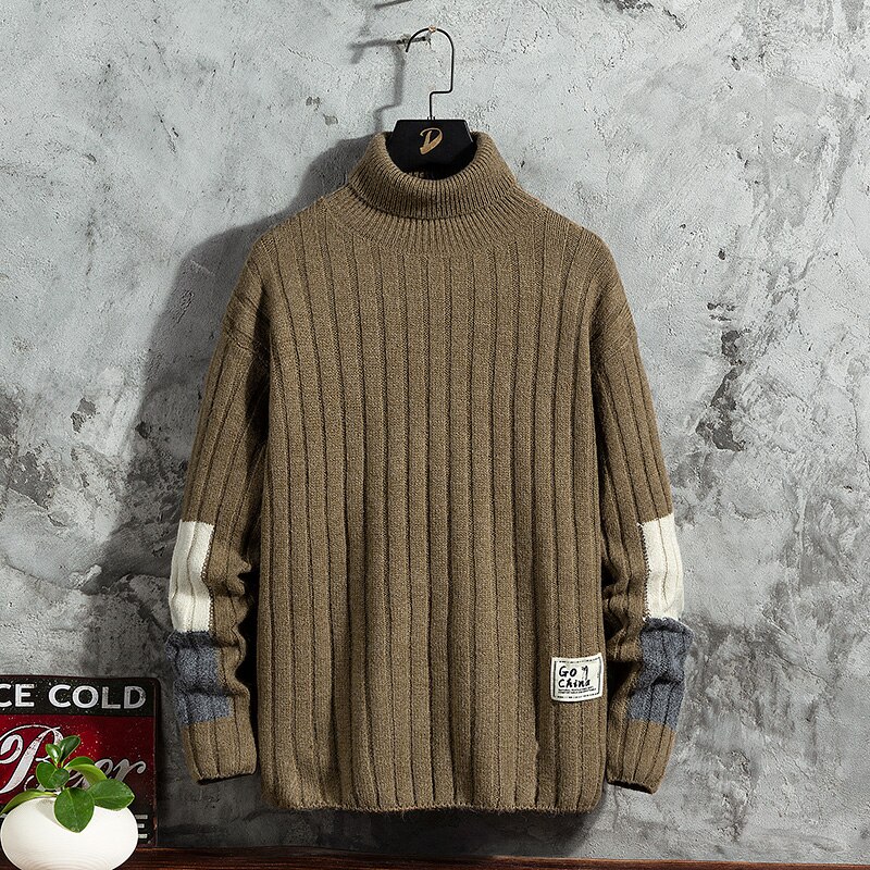 Singleroad herr polotröja herr vinter lapptröjor med hög krage harajuku koreansk polotröja svart tröja herr: Khaki tröja herr / Asiatisk -2xl