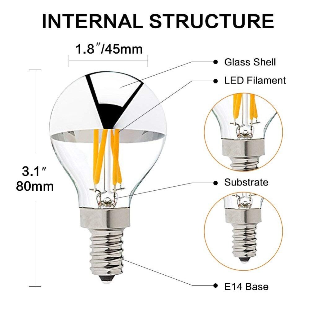 Grensk E14 Led Filament Dimmable Sliver Light Bulb G45 Gold Mirror Top Retro Globe Lamp 4W Led Edison Bulbs E12 Warm White 2700K