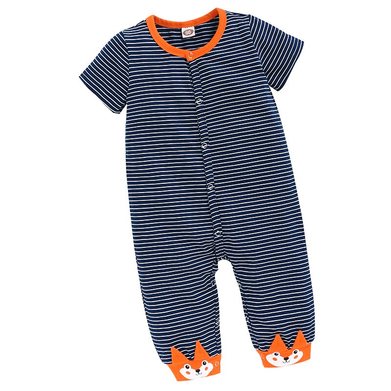 Letnia dziewczynka ubrania dziewczynka/chłopiec 0-24 miesięcy pajacyk dziecięcy z krótkim rękawem ciemny niebieski pasek kombinezon kreskówka wzór w lisa ubrania