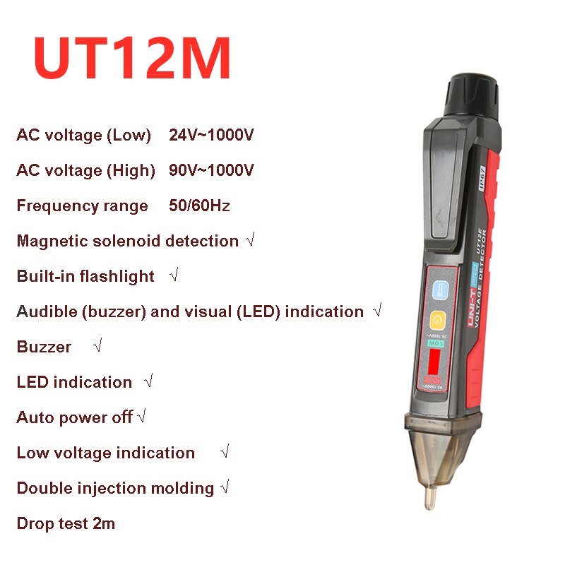 UNI-T AC Voltage Detector Meter UNI-T UT12E UT12M 24V-1000V Non-Contact Tester Pen Socket Volt Current Electric Test Pencil: UT12M