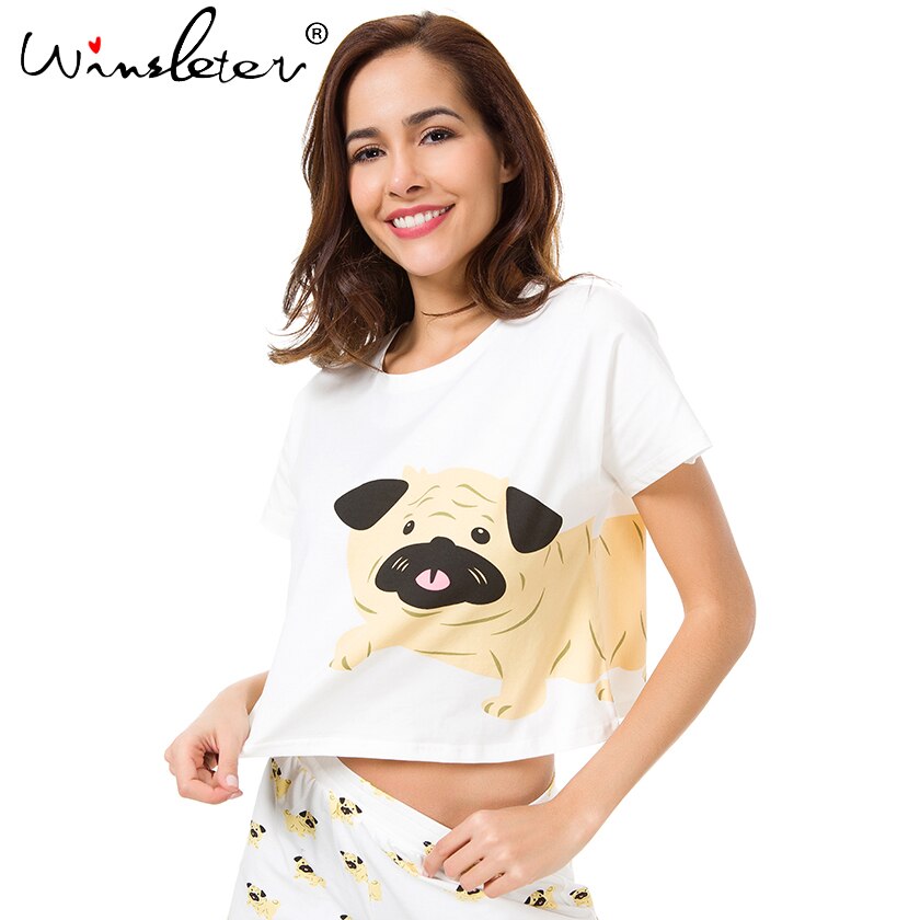 Cute Sleep Top T shirt Women Pug Print Crop Top Short Sleeve Loose S-XXL Cotton T shirt Pajamas Women Clothing pyjamas T6825