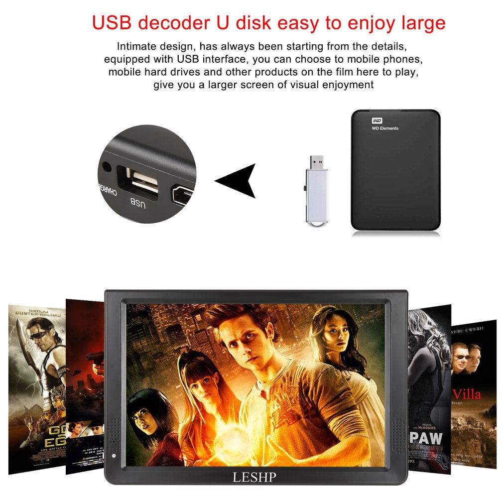 LESHP Portable D12-ATSC Multimedia Player LCD Display with Digital TV Tuner 12.1 inch Monitor LED Panel Driver HD USB/TF