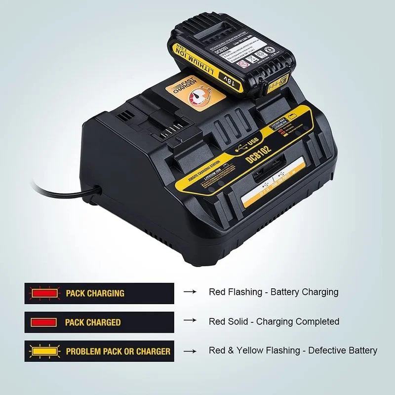 Fast charging DCB102 Li-ion Battery charger For DeWalt 12V 14.4V 18V 20V DCB105 DCB200 double charging postion with USB Port