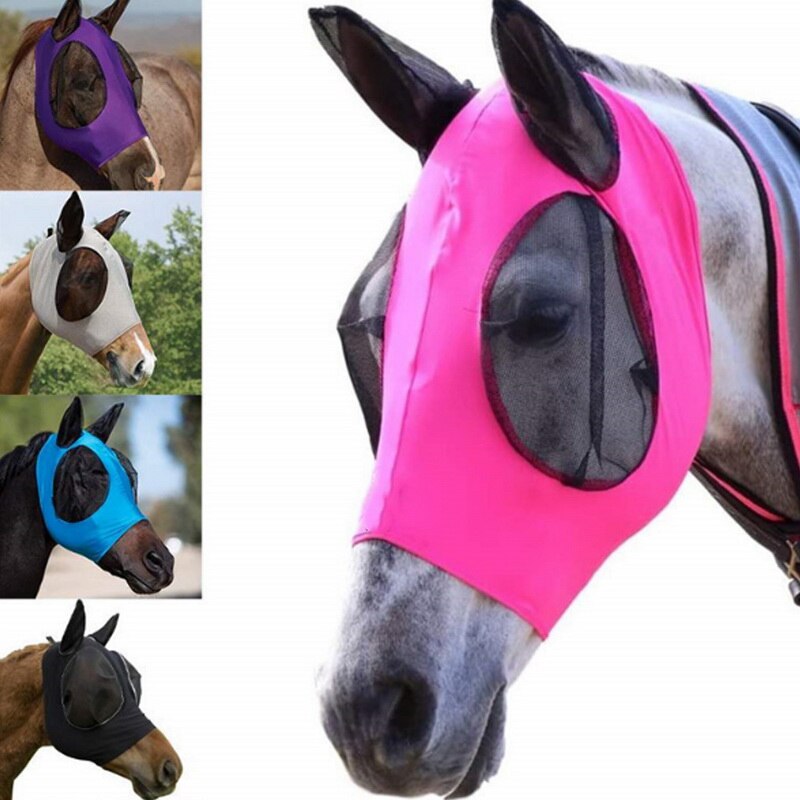 5 farver anti-fly mesh heste maske hest maske stretch bug øje hest flue maske med dækkede ører hest flue maske lang næse med øre