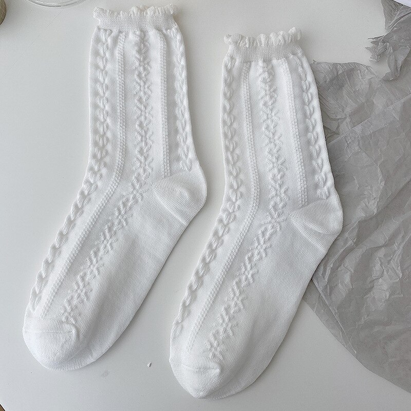 Lolita – chaussettes blanches en dentelle pour femmes, en coton, avec nœud en cœur, style JK: Bubble