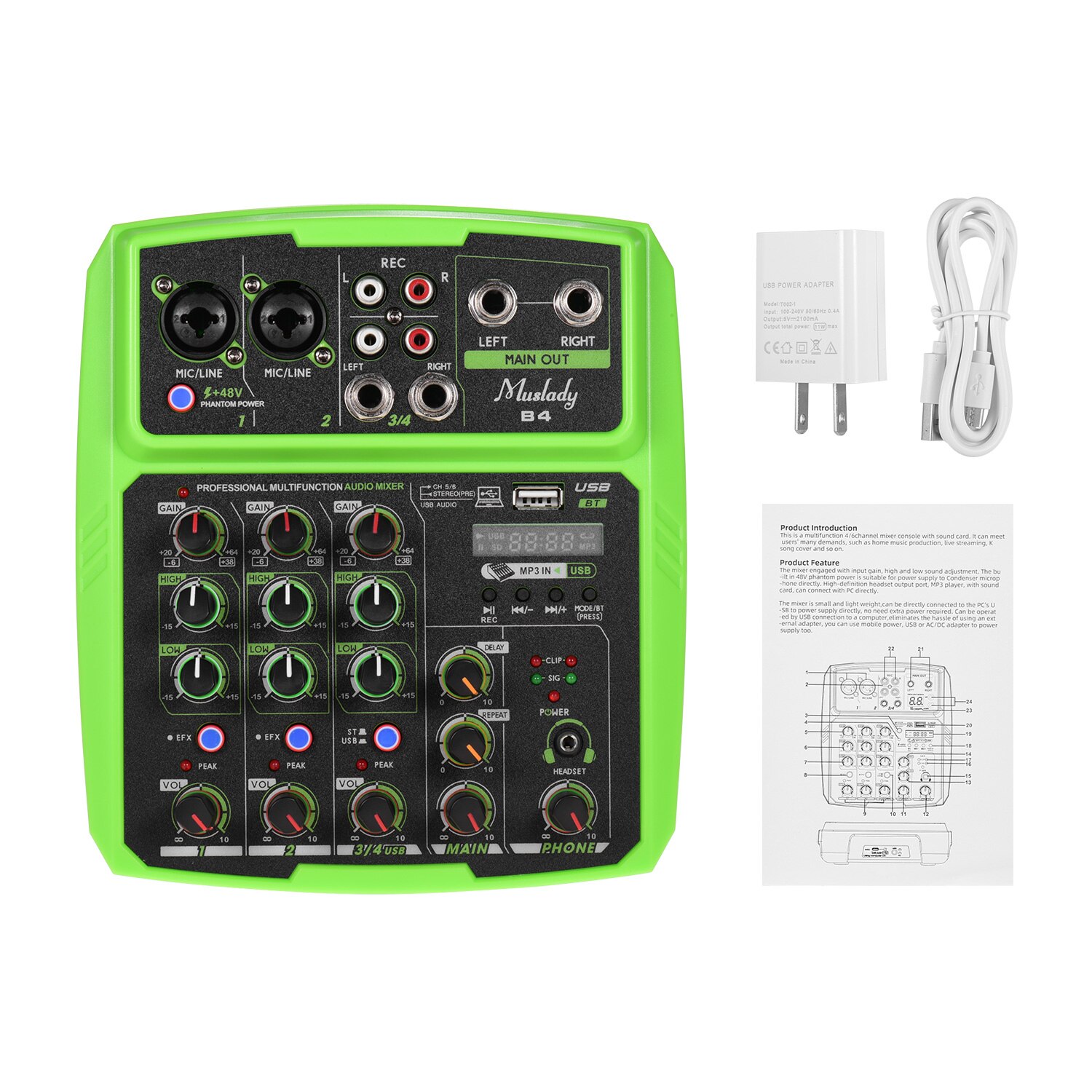 Muslady B4 Portable 4 Channels Audio Mixer USB Mixing Console Supports BT Connection with Sound Card Built-in 48V Phantom Power: Green US Plug