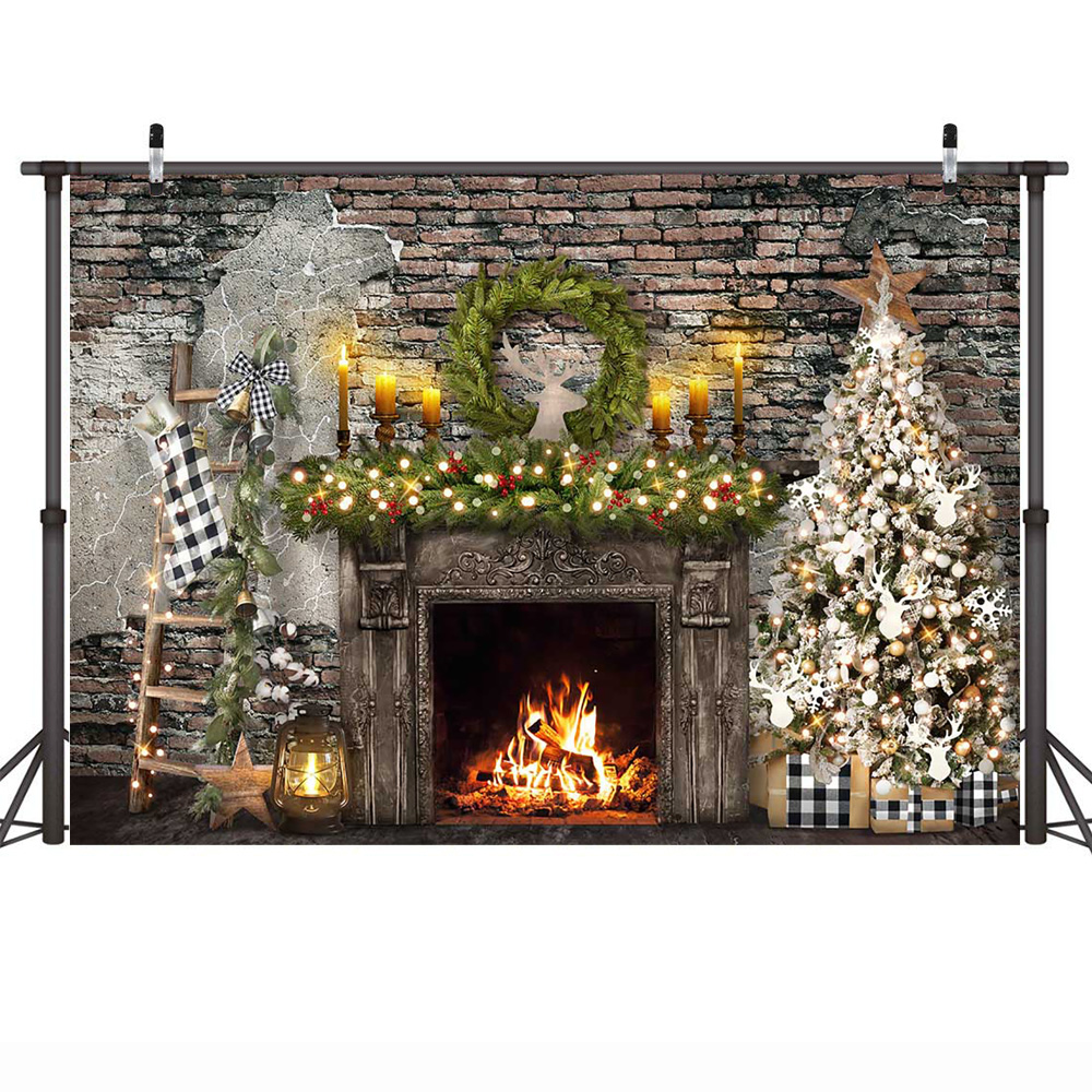 Lareira de madeira inverno foto fundo para retrato árvore de natal retro festa de inverno pano de fundo decoração janela grinalda santa presente sessão: Café / 150 * 300