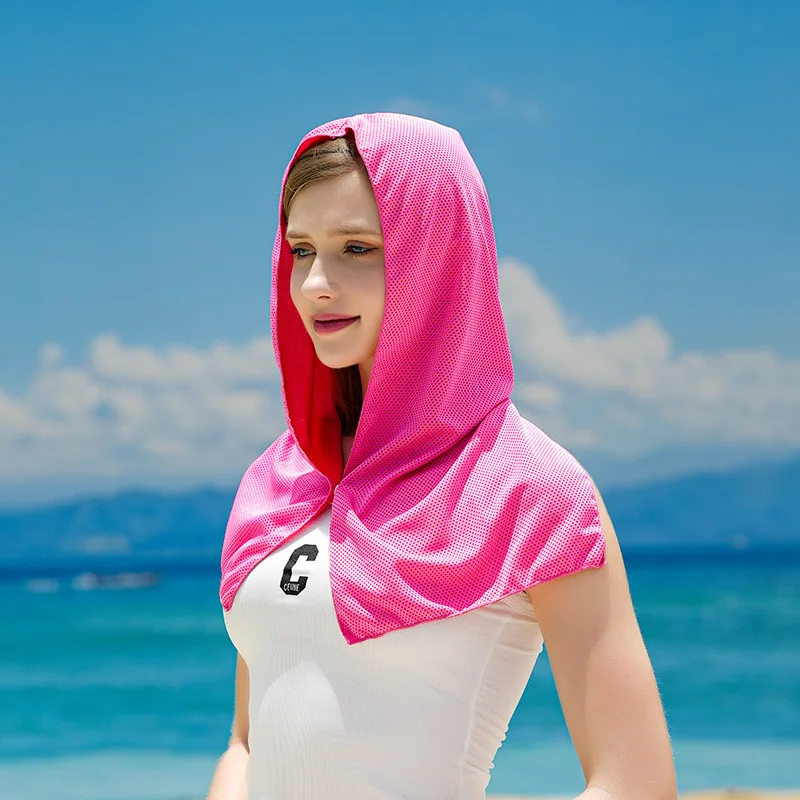Zomerkoeling Hoodie Handdoek Zweet-Absorberende Koele Anti-Uv Fietsen Zachte Koude Detectie Sneldrogende Sjaal Voor Fitness Wandelen Vissen: Rood