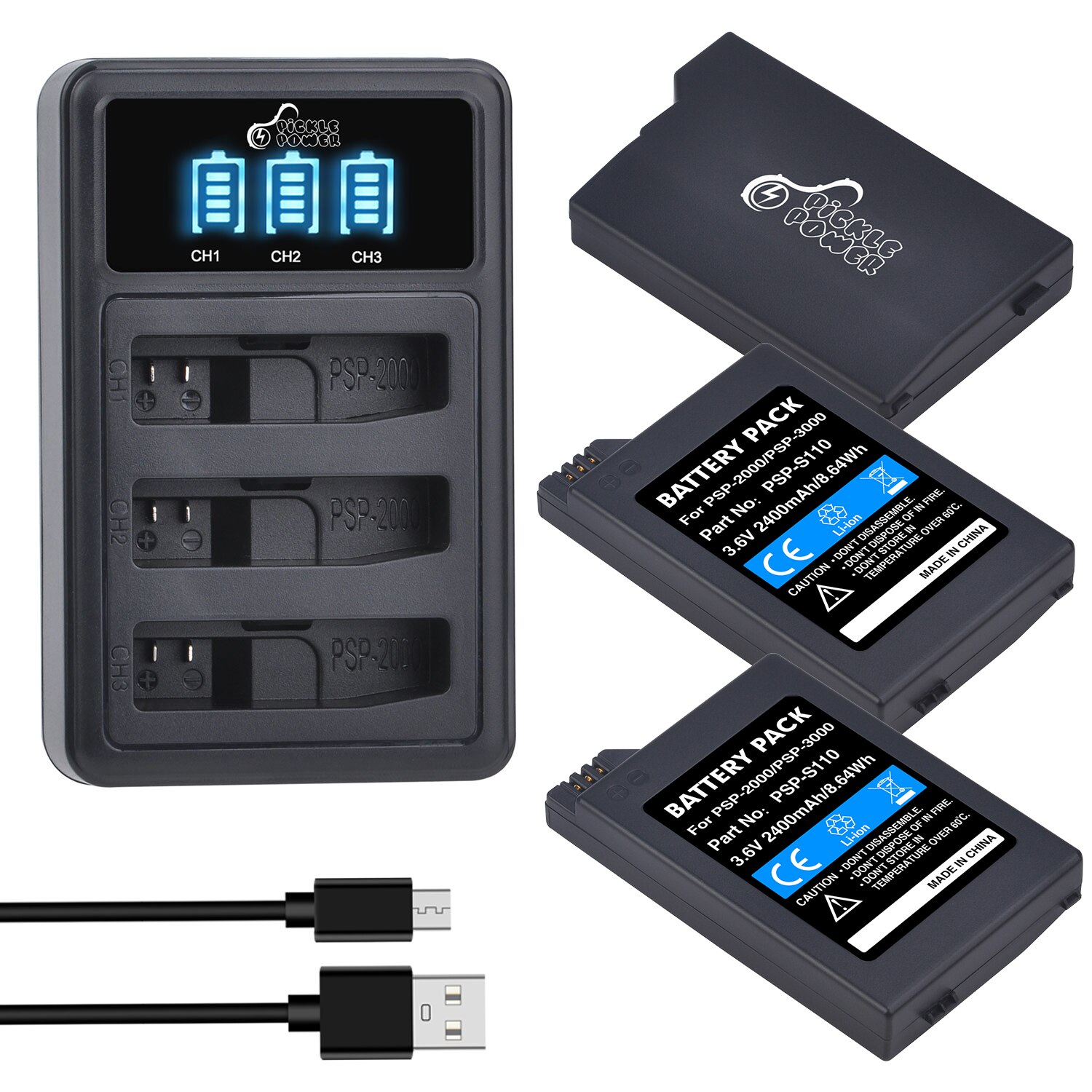 Pickle Power 2400mAh PSP2000 Battery +LED 3 slots USB Charger for Sony Portable Gamepad PSP3000 PSP S110 PSP2001 PSP2002 PSP3001