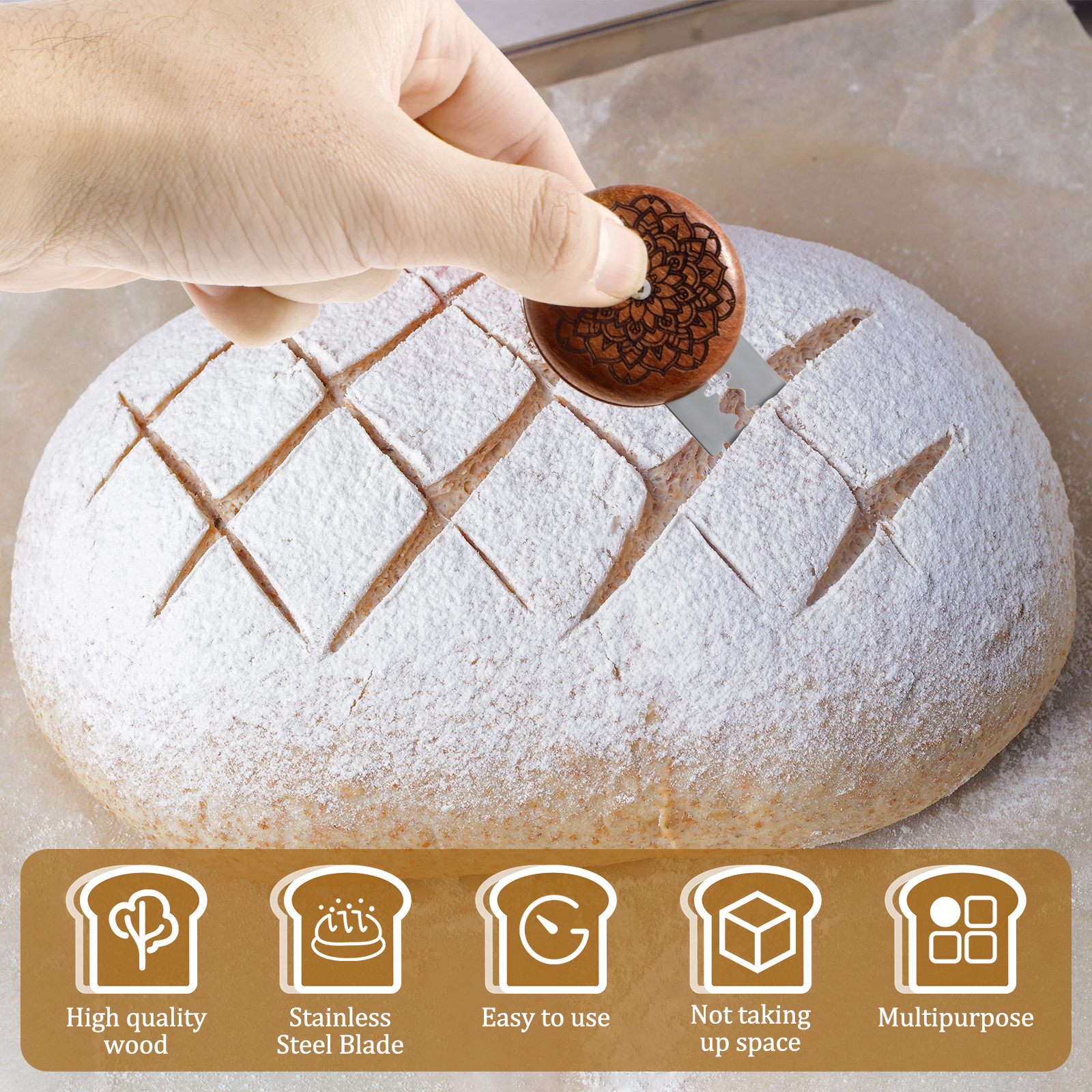Herramienta de puntuación de masa de pan, cortador de masa de puntuación de pan compacto, marcador de pan de masa fermentada de madera de 5cm con 10 cuchillas de acero inoxidable