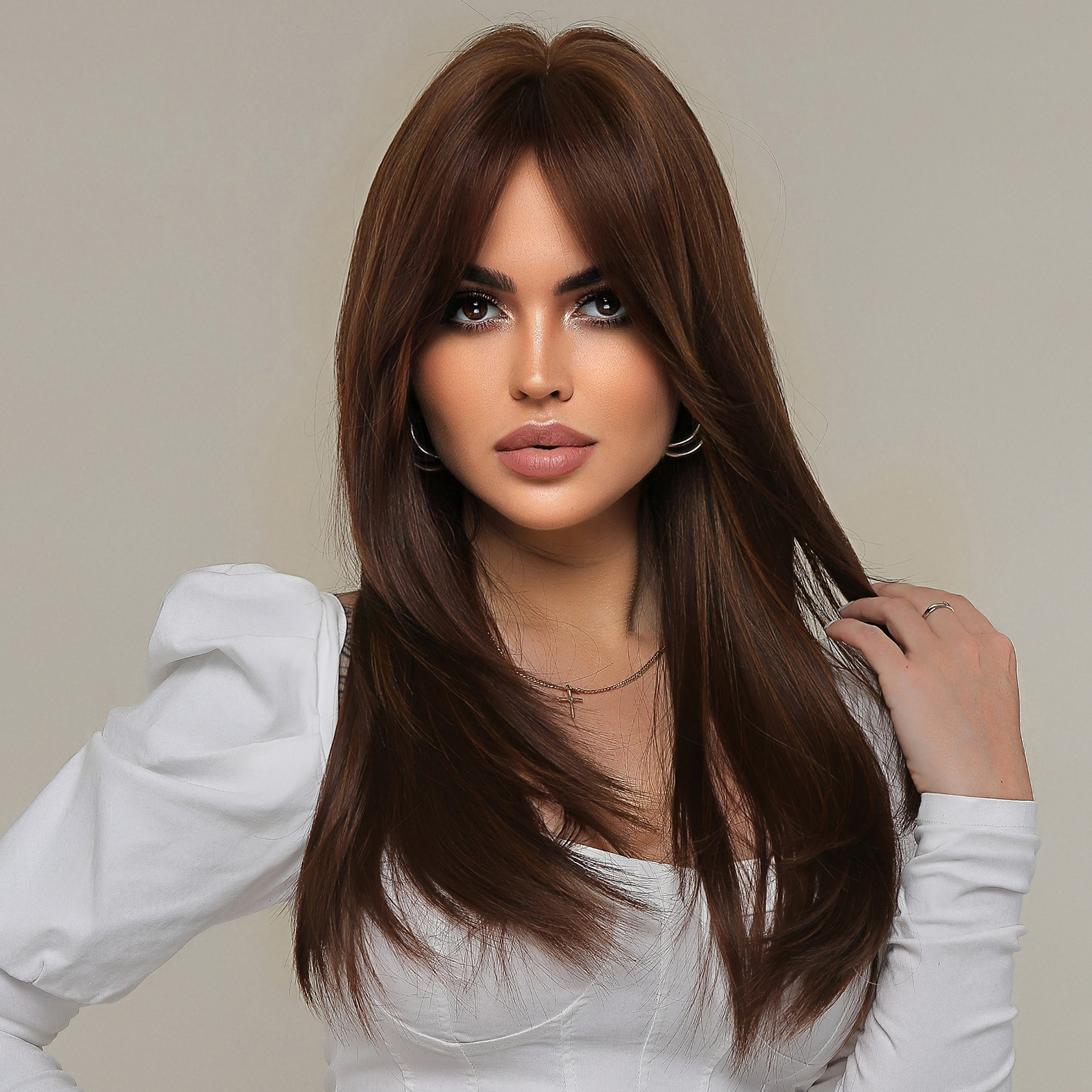 HAIRCUBE Brown Highlight Synthetic Wigs Long Straight Wigs With Bangs for Women Natural Hair Cosplay Heat Resistant Fiber Wigs