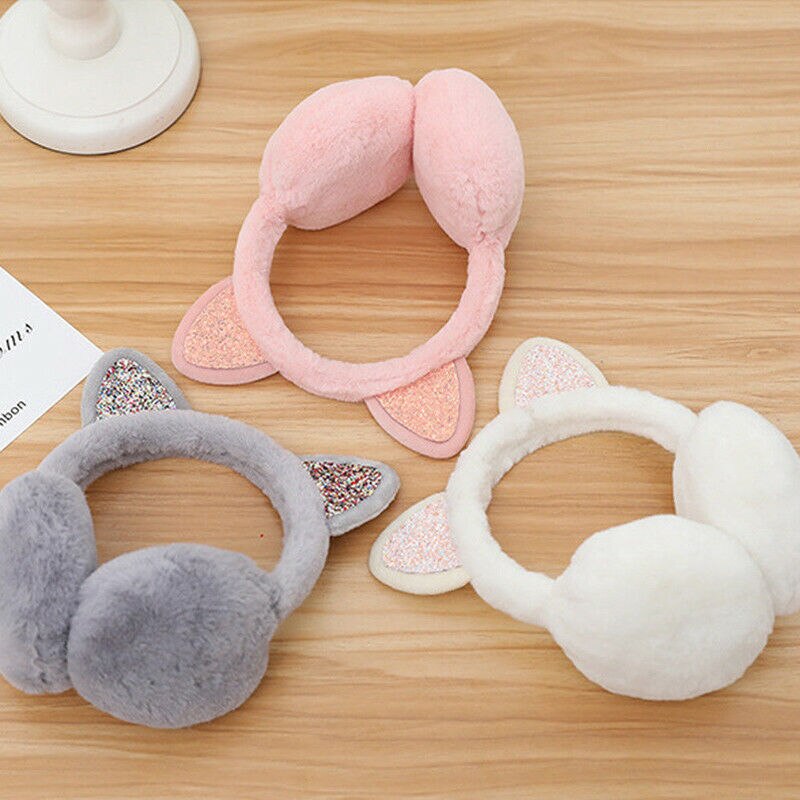 Winter Chic Sequin Folding Cat Ears Earmuffs for Women and Girls Plush Fur Ear Warmer Bun with Glitter Headband Cartoon Pattern