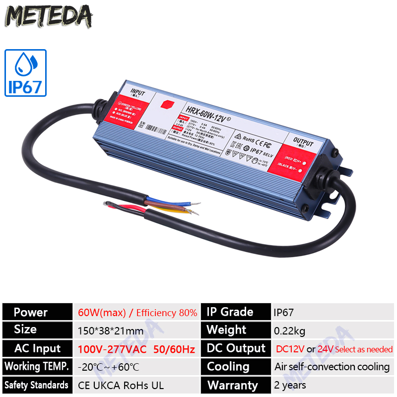 Transformador de iluminación de fuente de alimentación impermeable IP67 AC100V ~ 277V a DC 12V 24V Controlador LED 100W 200W 300W 400W 500W adaptador para exteriores: Negro / 230 V