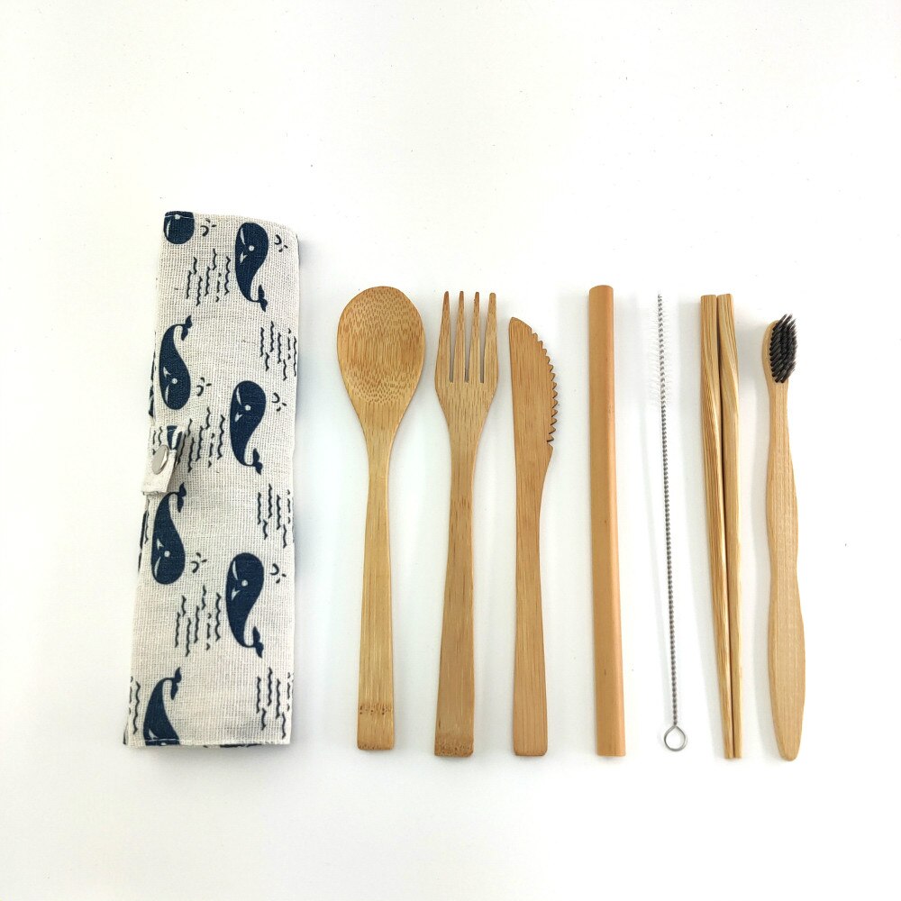 Eco Friendly Bamboo Cutlery Set of Wooden Utensils with Reusable Bamboo Spoon, Fork, Knife,and Reusable Straw Cleaner For Travel: 1254-i-1