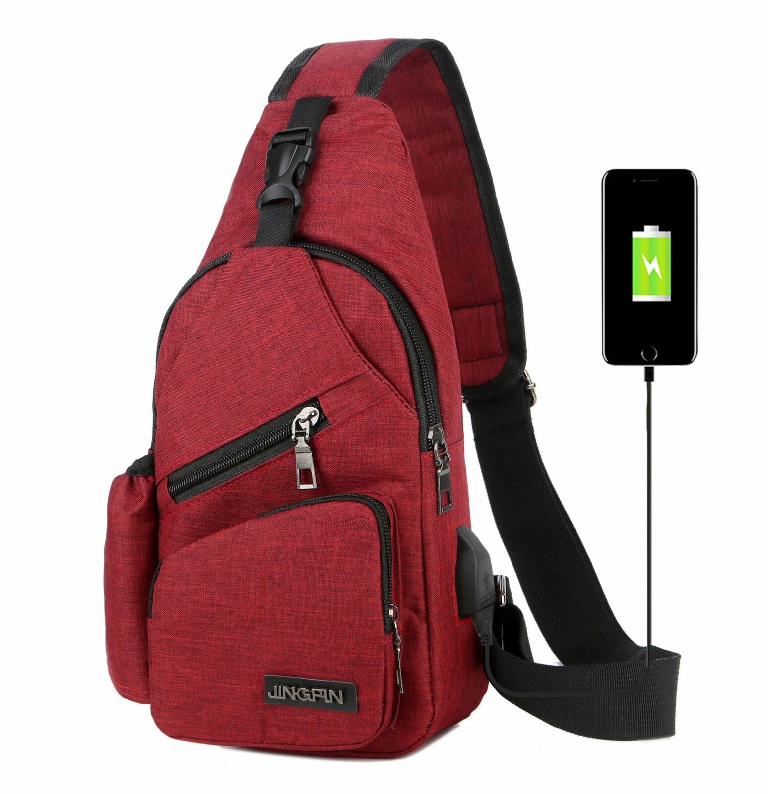 Newest Men Canvas Sling Bag Chest Crossbody Messenger Shoulder Travel Sports USB Charging Waist Packs: Red
